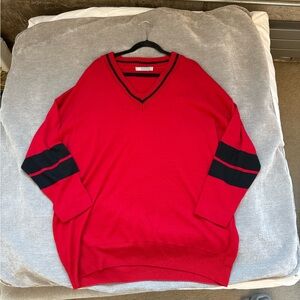 ASOS Red V-Neck Women's Sweater with Black Stripes